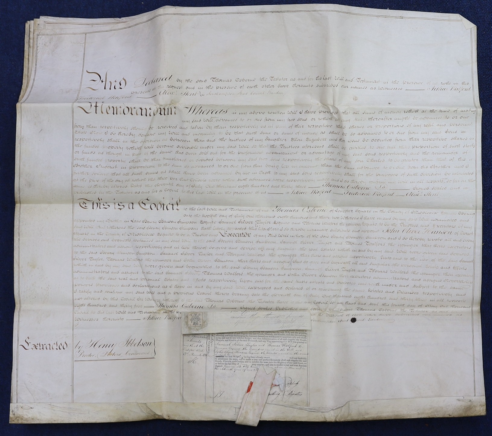 Three 19th legal documents on vellum:-The last will and testament of Thomas Osbourne, 4 leaves, dated 12th November, 1838, 65 x 72cms; Copy of a surrender of a lease, for land in the Manor of Lapley and Aston [Staffordsh